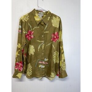 VTG John Paul Richard Top Women Button Shirt 100% Linen Hawaiian Shirt Beaded  L